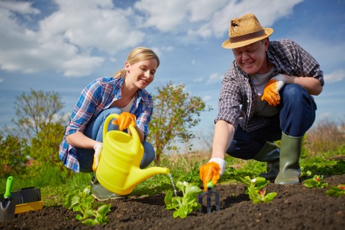 A man and a woman working together in a garden, planting young green plants in freshly turned dark soil. The woman, with blonde hair and wearing a blue plaid shirt and yellow gardening gloves, is holding a yellow watering can and watering the plants. The man, dressed in a checkered shirt, straw hat, and green rubber boots, is using a small gardening trowel to tend the soil around the plants. The garden features a neatly arranged flower bed with small plants, bordered by a grassy lawn in the background, along with a few trees and shrubs under a partly cloudy sky. The scene depicts outdoor gardening activity on a bright day, typical of suburban landscaping in Barnet, with natural tones of green, brown, and blue emphasizing the outdoor environment. The image aligns with gardening services offered by Gardening Services Barnet, highlighting maintenance and planting work in a residential garden setting.